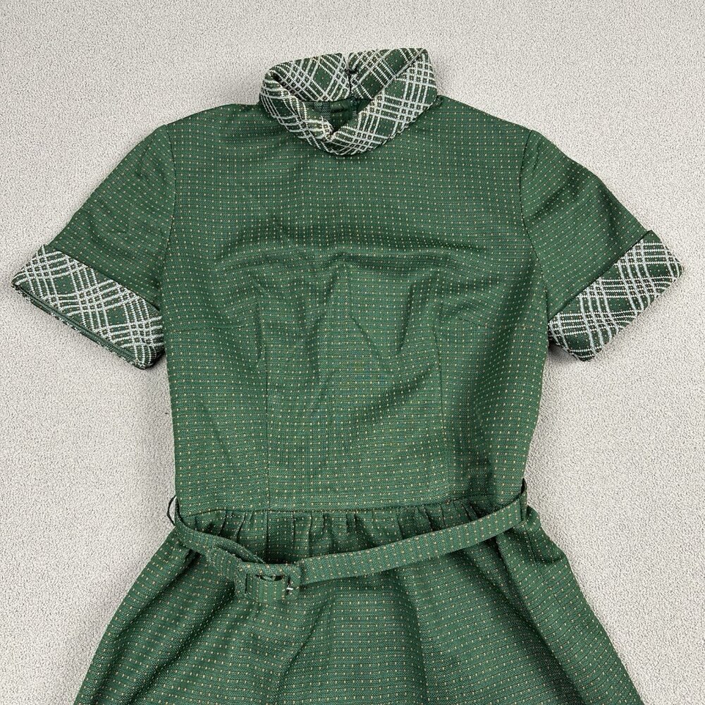 Vtg 70s Polyester Knit Green Dress w/ Belt Polka Dot High Neck 32B 26W 34L - Picture 3 of 9